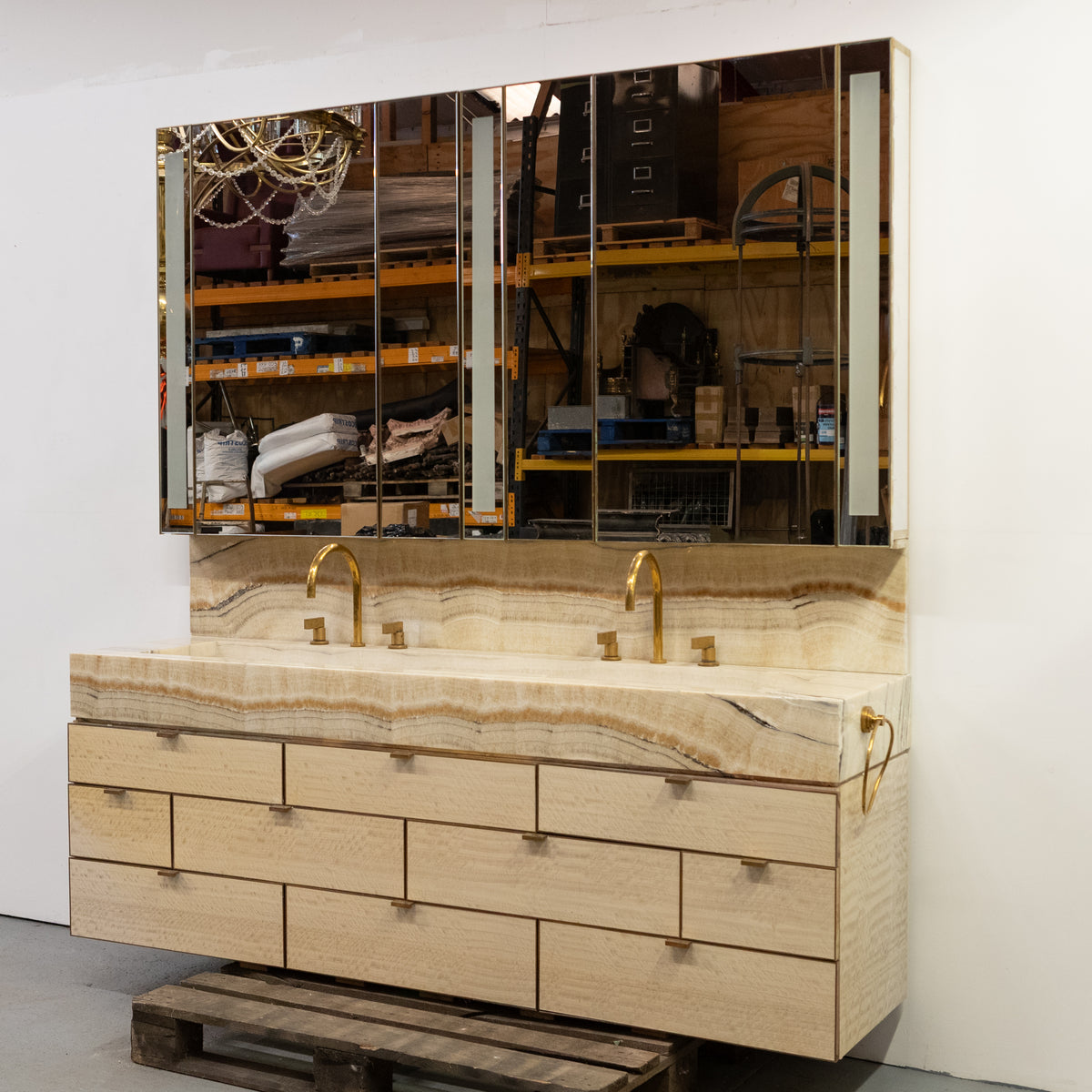 Impressive Onyx & Brass Bathroom Vanity Unit with Twin Basins