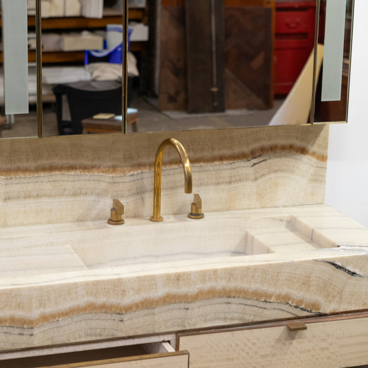 Impressive Onyx & Brass Bathroom Vanity Unit with Twin Basins