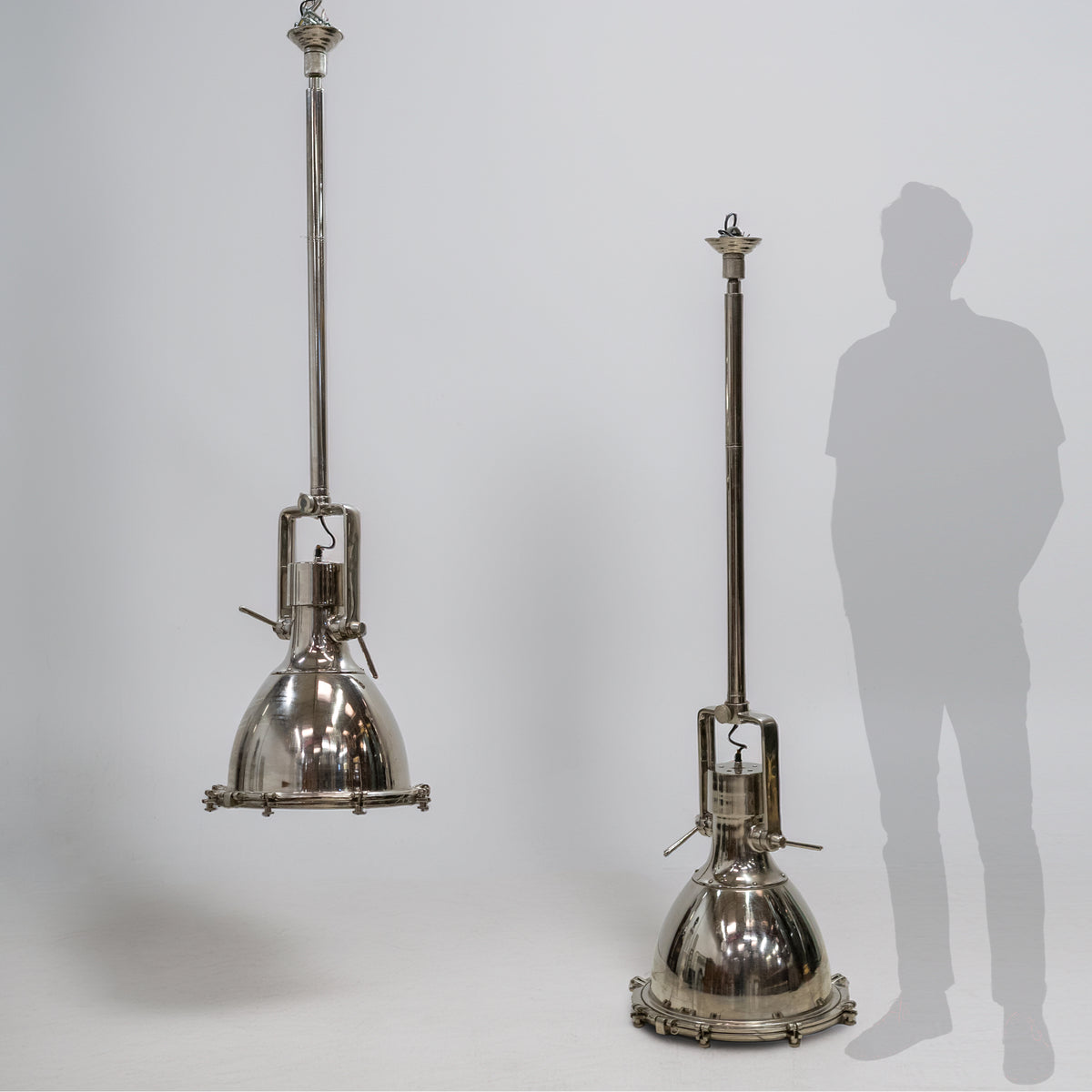 Large Mid-Century Chrome Industrial Pendant Lights | Pair Available | The Architectural Forum