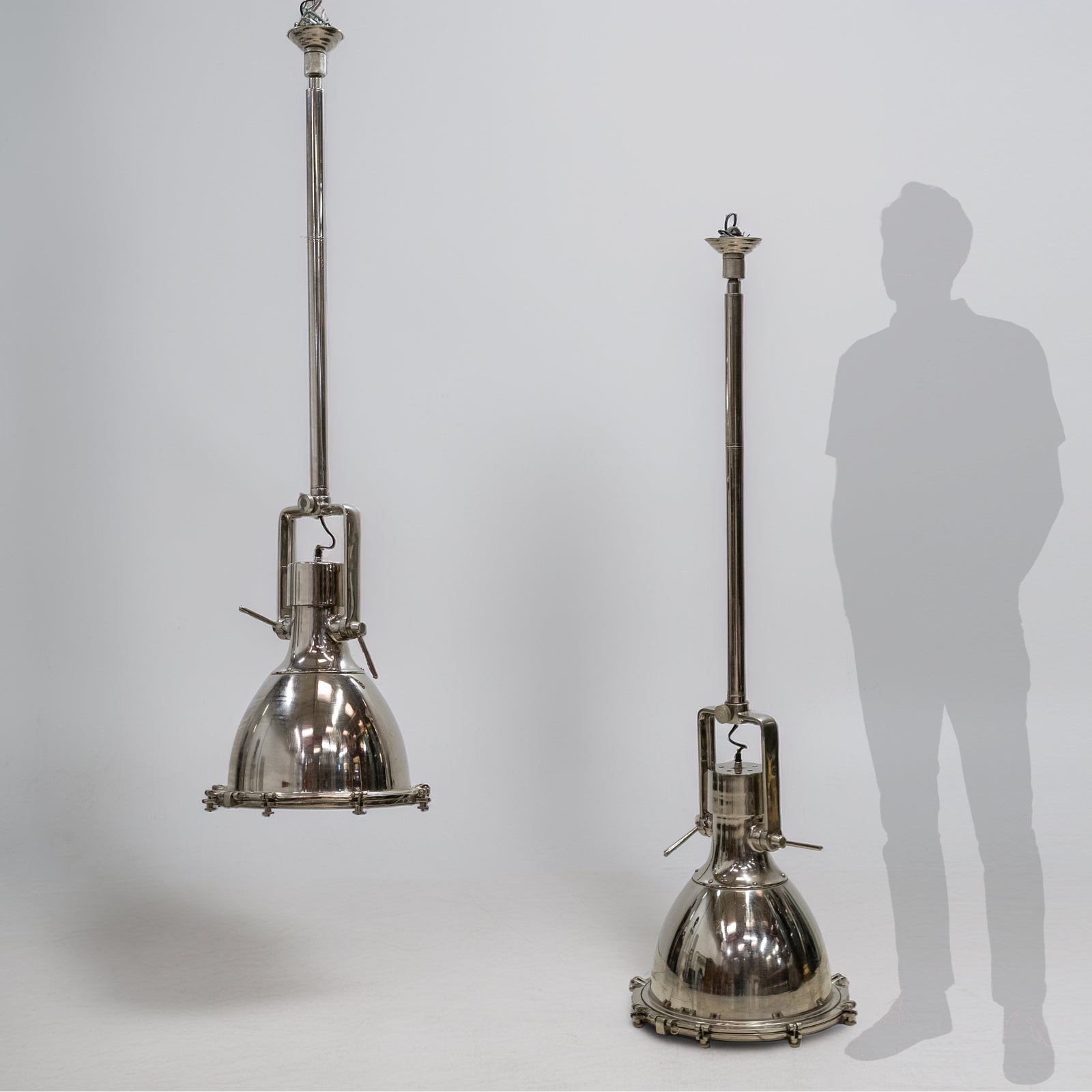 Large Mid-Century Chrome Industrial Pendant Lights | Pair Available | The Architectural Forum