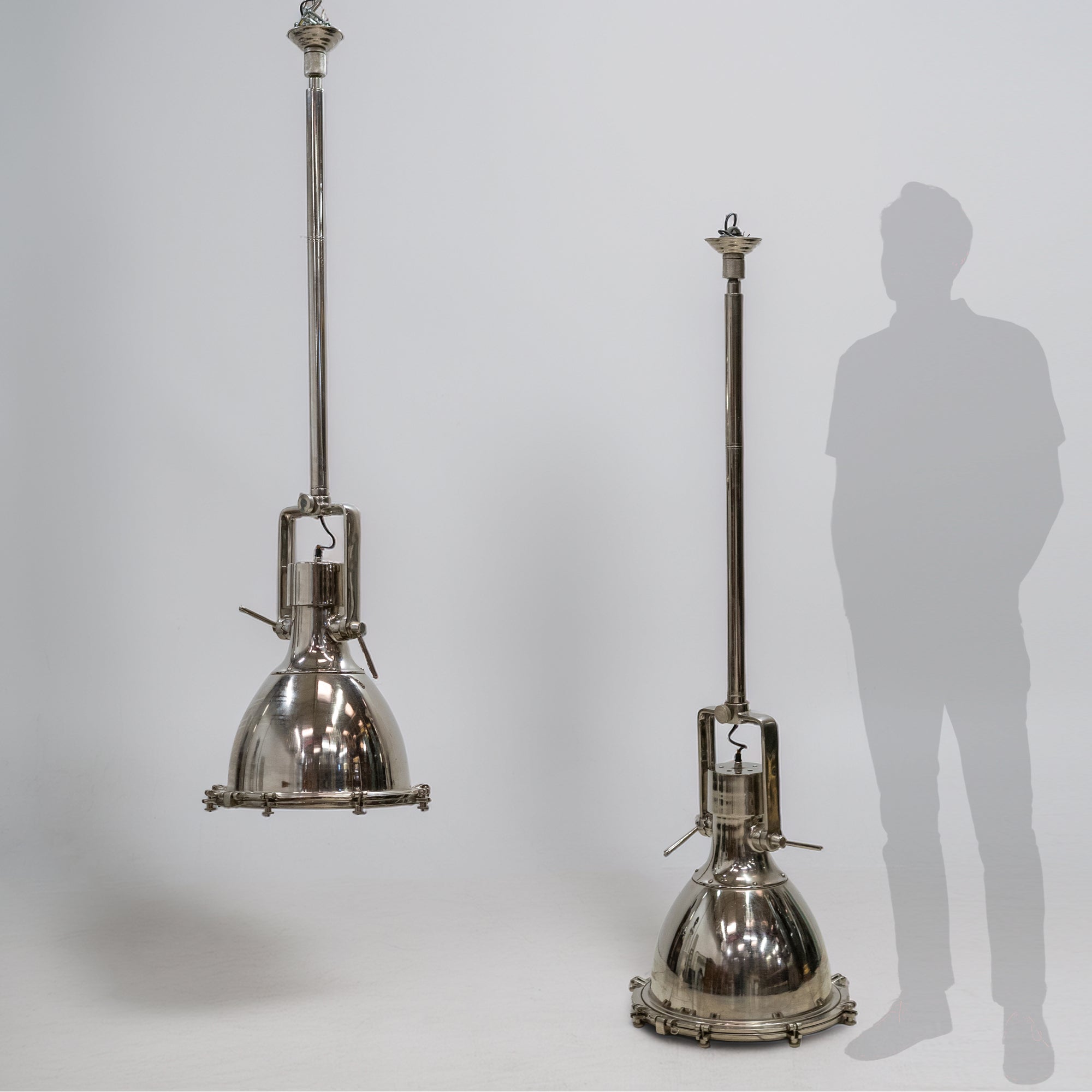 Large Mid-Century Chrome Industrial Pendant Lights | Pair Available | The Architectural Forum