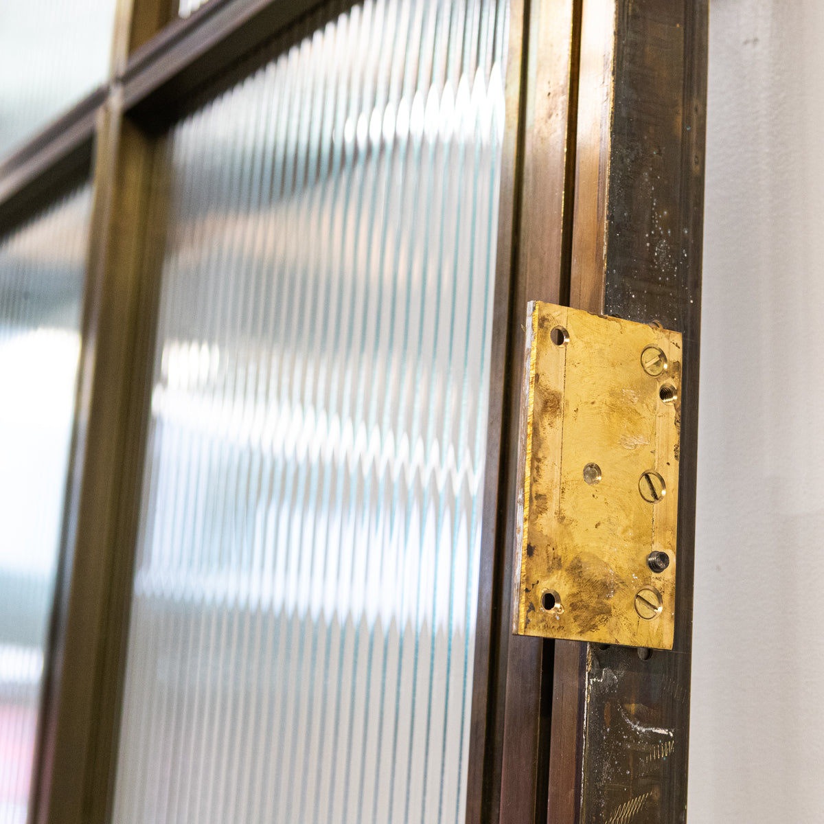 Large Brass Art Deco Door with Ribbed Glass and Brass Frame