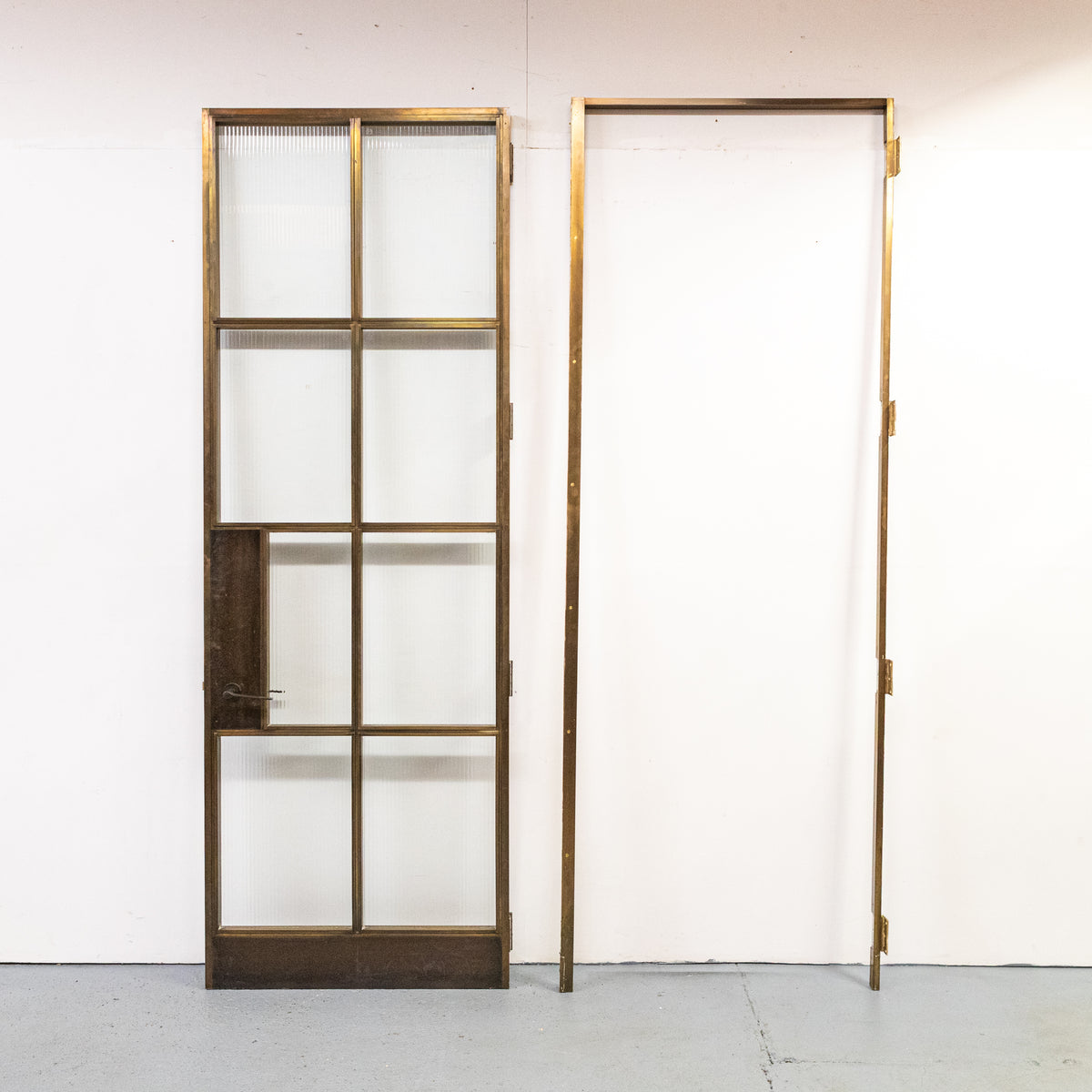 Large Brass Art Deco Door with Ribbed Glass and Brass Frame