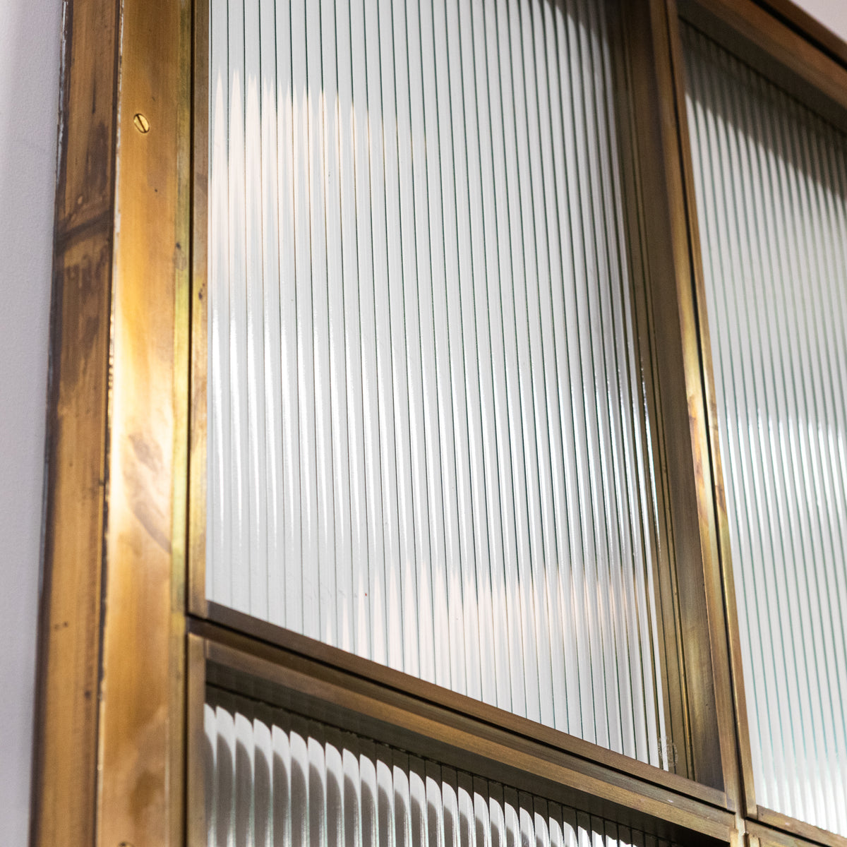 Large Brass Art Deco Door with Ribbed Glass and Brass Frame