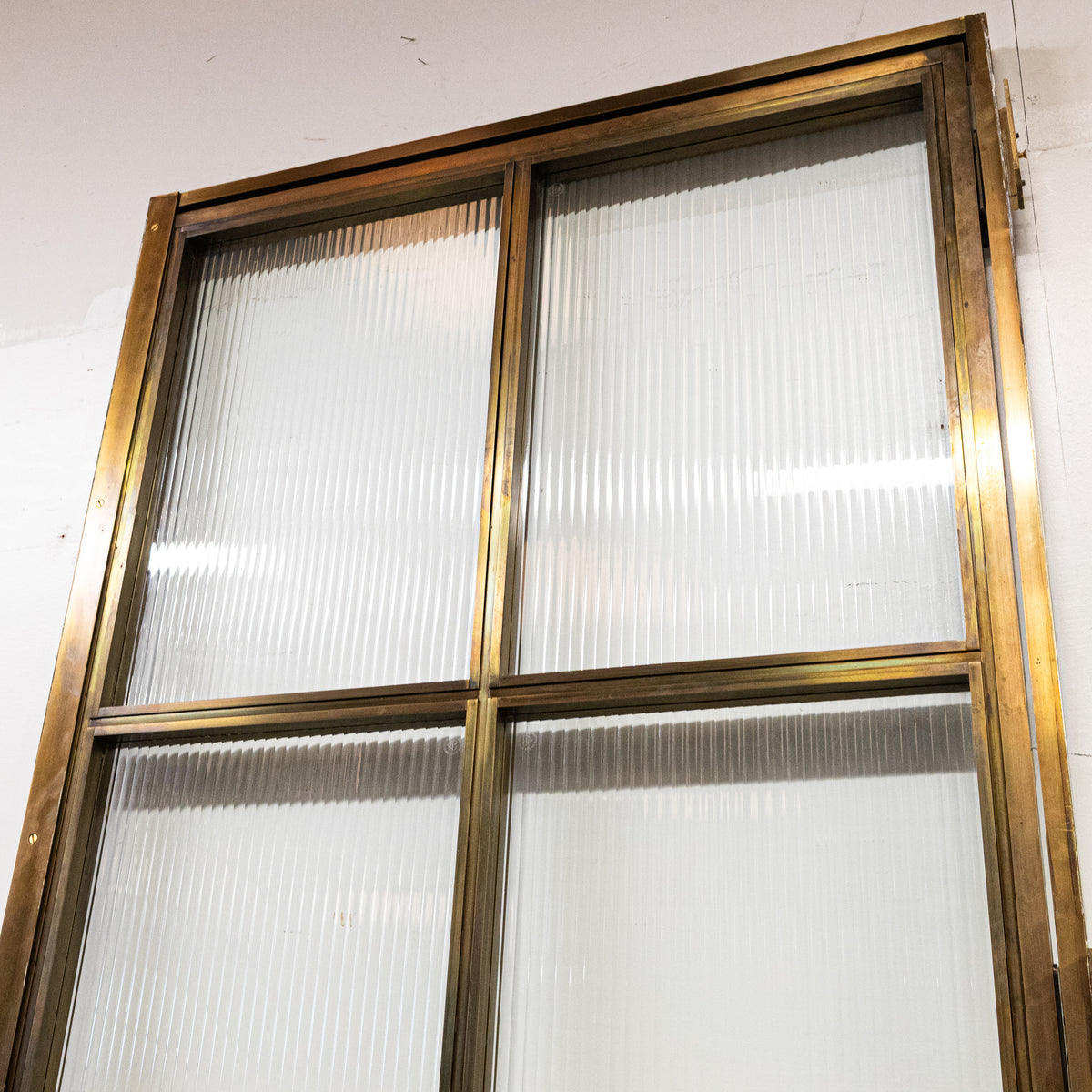 Large Brass Art Deco Door with Ribbed Glass and Brass Frame