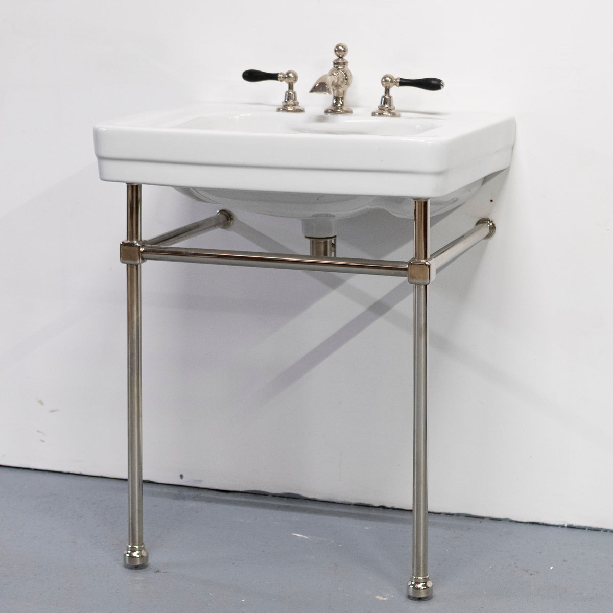 Large Art Deco Style Basin on Nickel Stand With Volevatch Taps