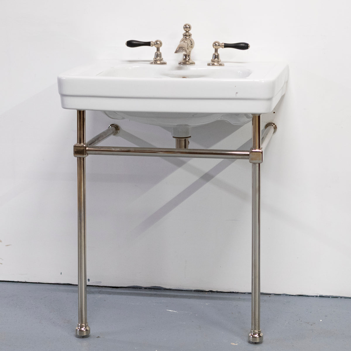 Large Art Deco Style Basin on Nickel Stand With Volevatch Taps