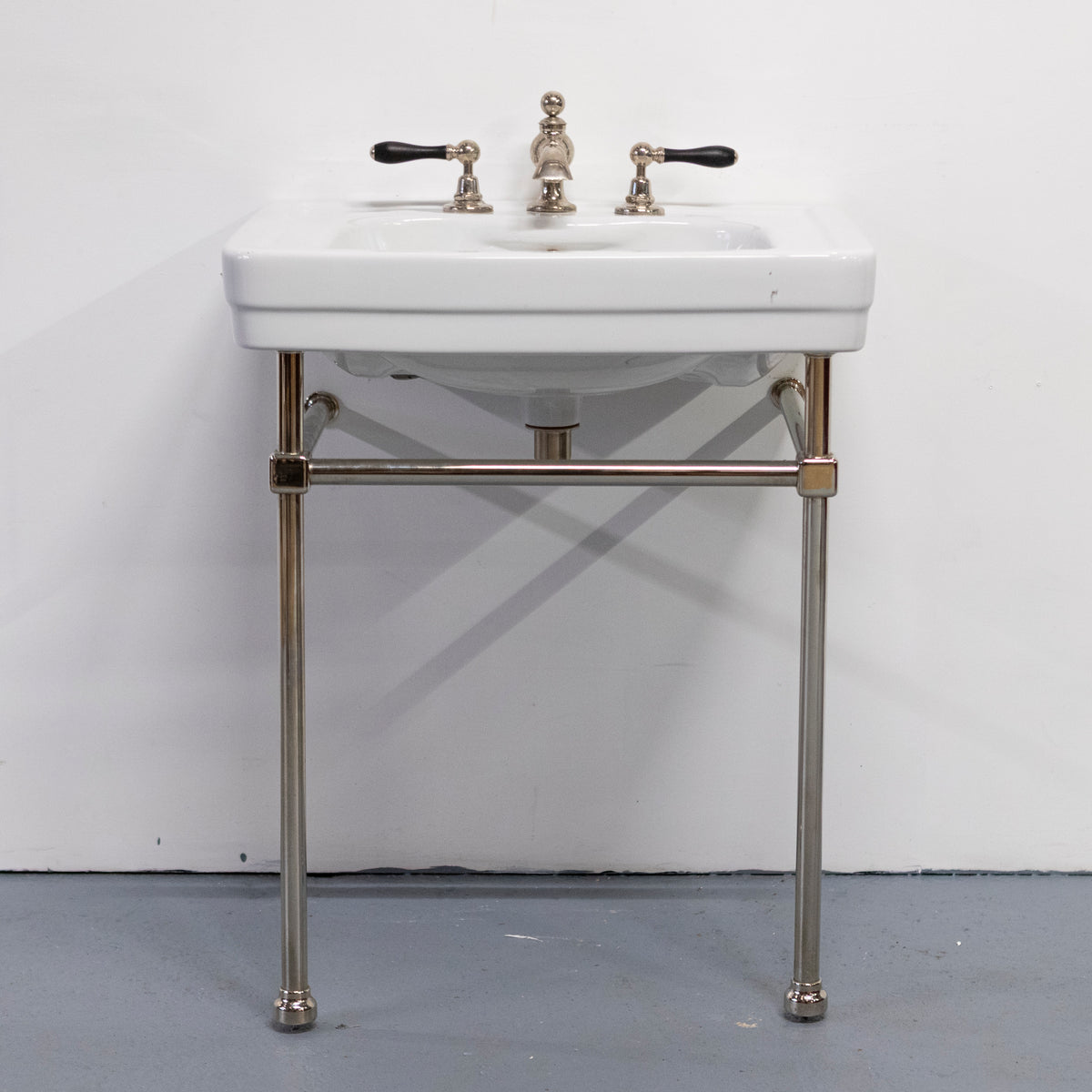 Large Art Deco Style Basin on Nickel Stand With Volevatch Taps