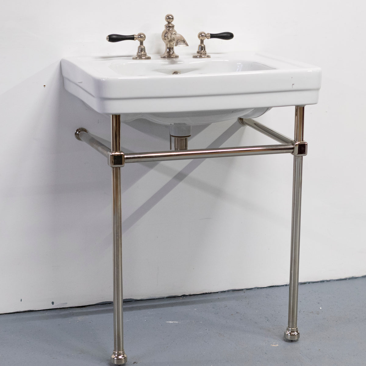 Large Art Deco Style Basin on Nickel Stand With Volevatch Taps