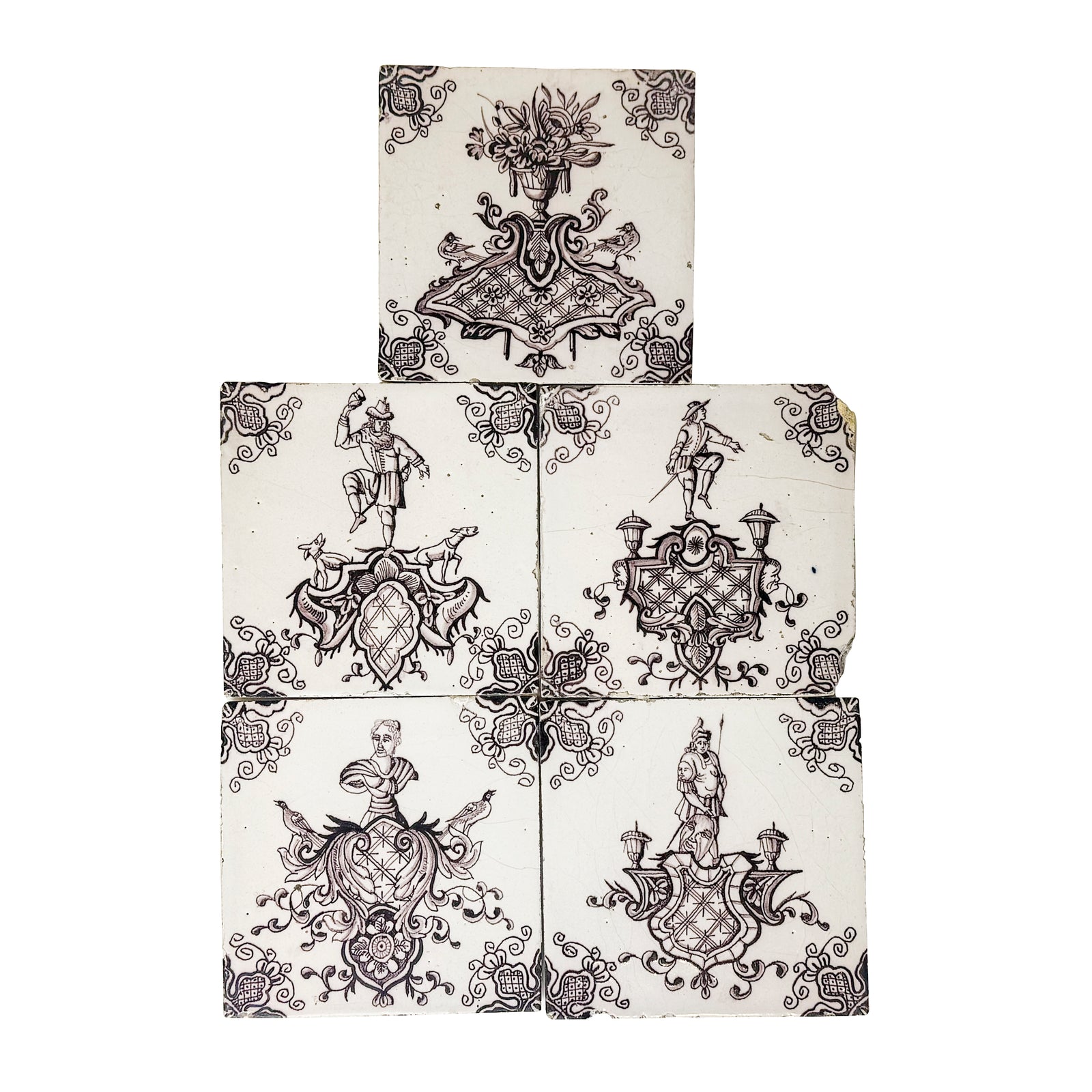 Set of 5 Antique Manganese Dutch Delft Tiles | The Architectural Forum