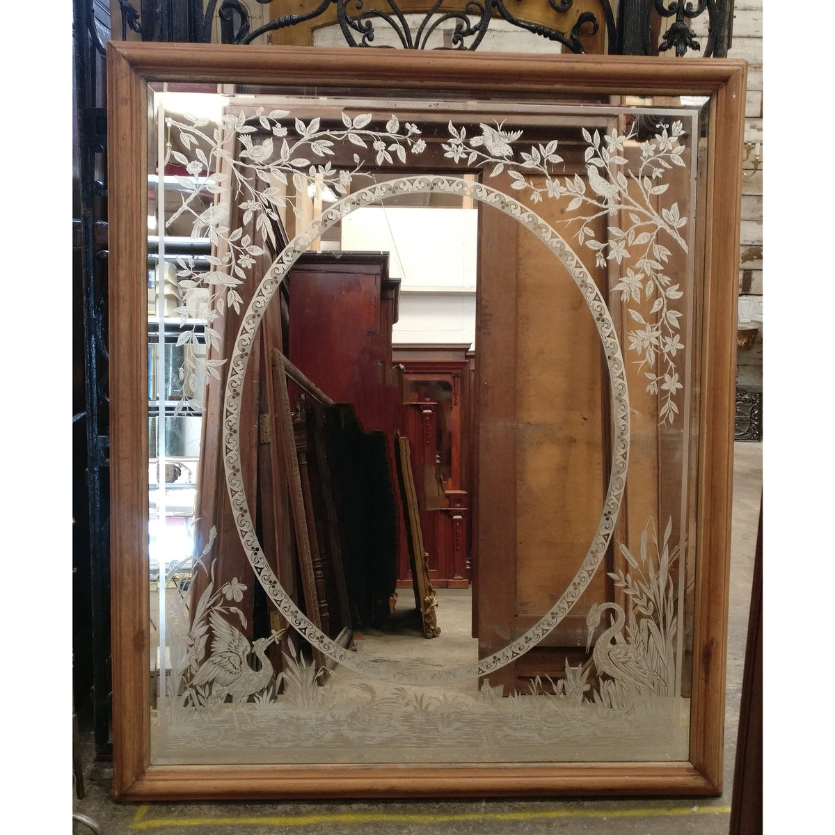 Large Antique Victorian Etched Mirror with Wooden Frame | The Architectural Forum