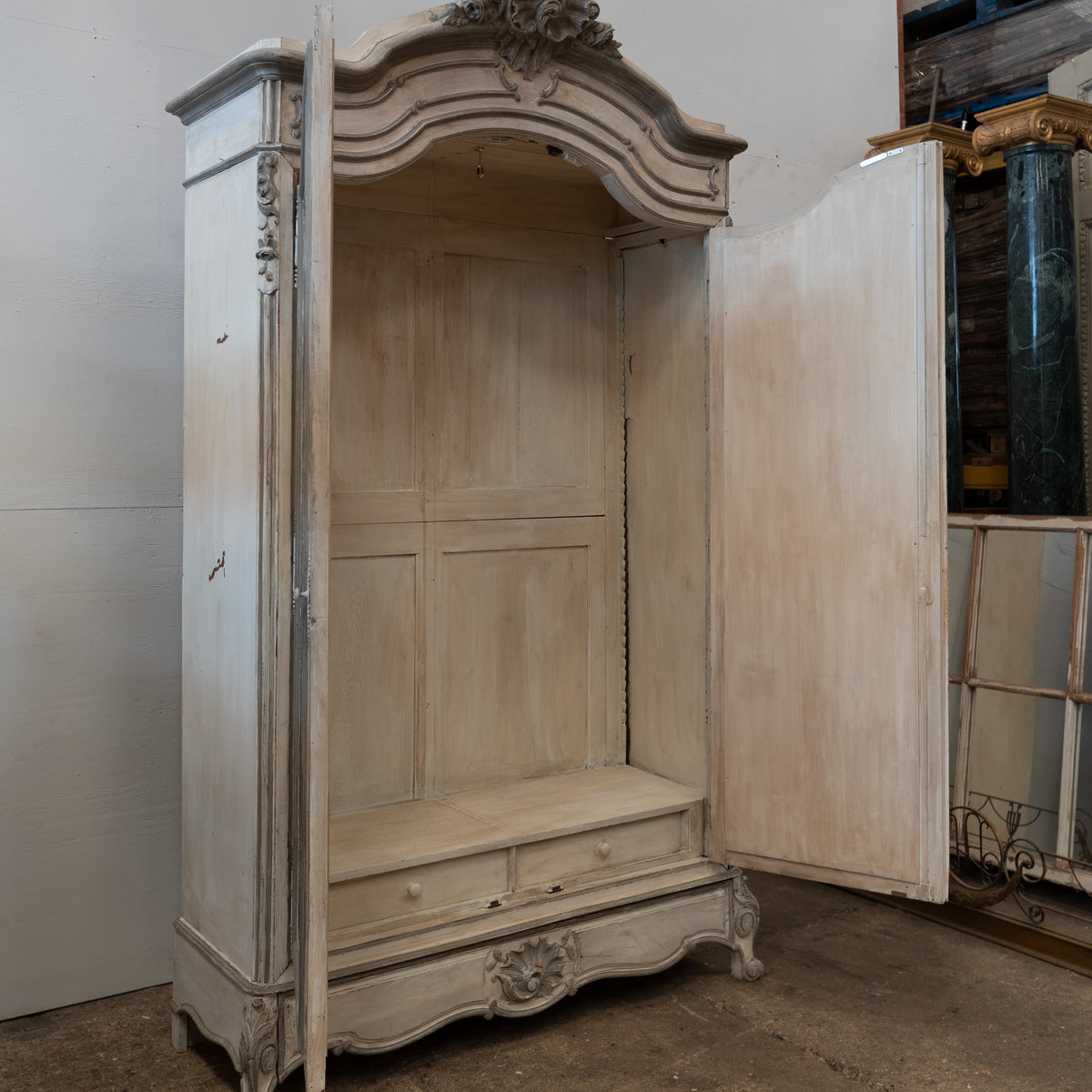 Antique French Carved Oak Louis XV Style Armoire with Mirrored Doors | The Architectural Forum
