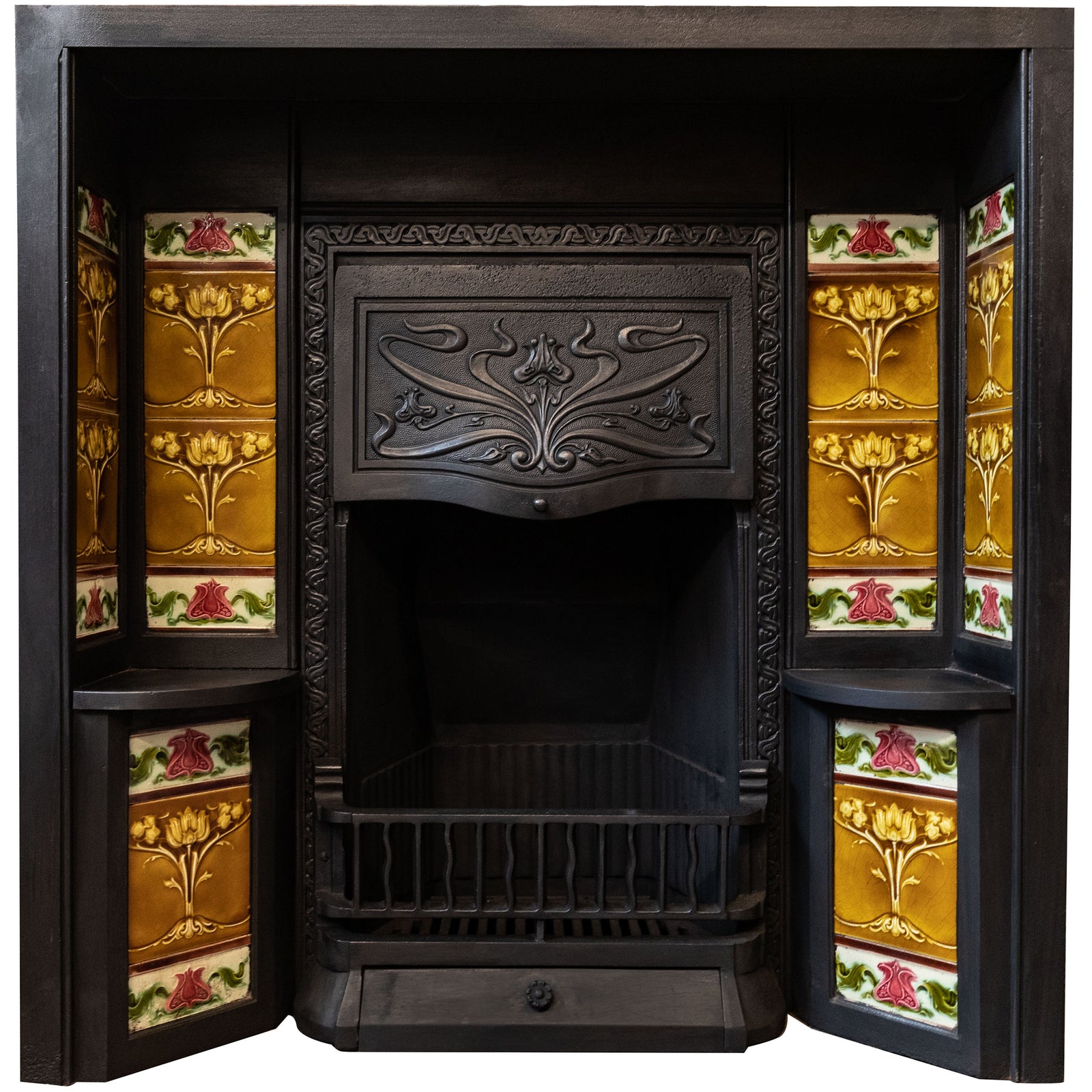 Large Antique Art Nouveau Cast Iron Tiled Fireplace Insert | The Architectural Forum