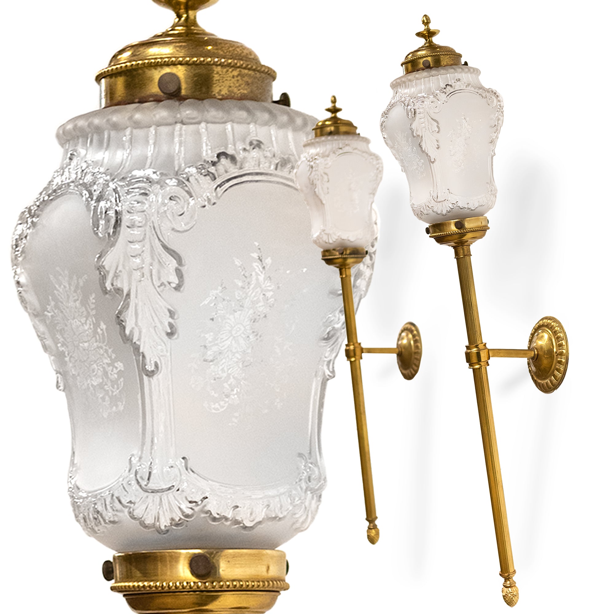 Pair of Antique Wall Sconce Torch Lights with Delicate Etched Glass | The Architectural Forum