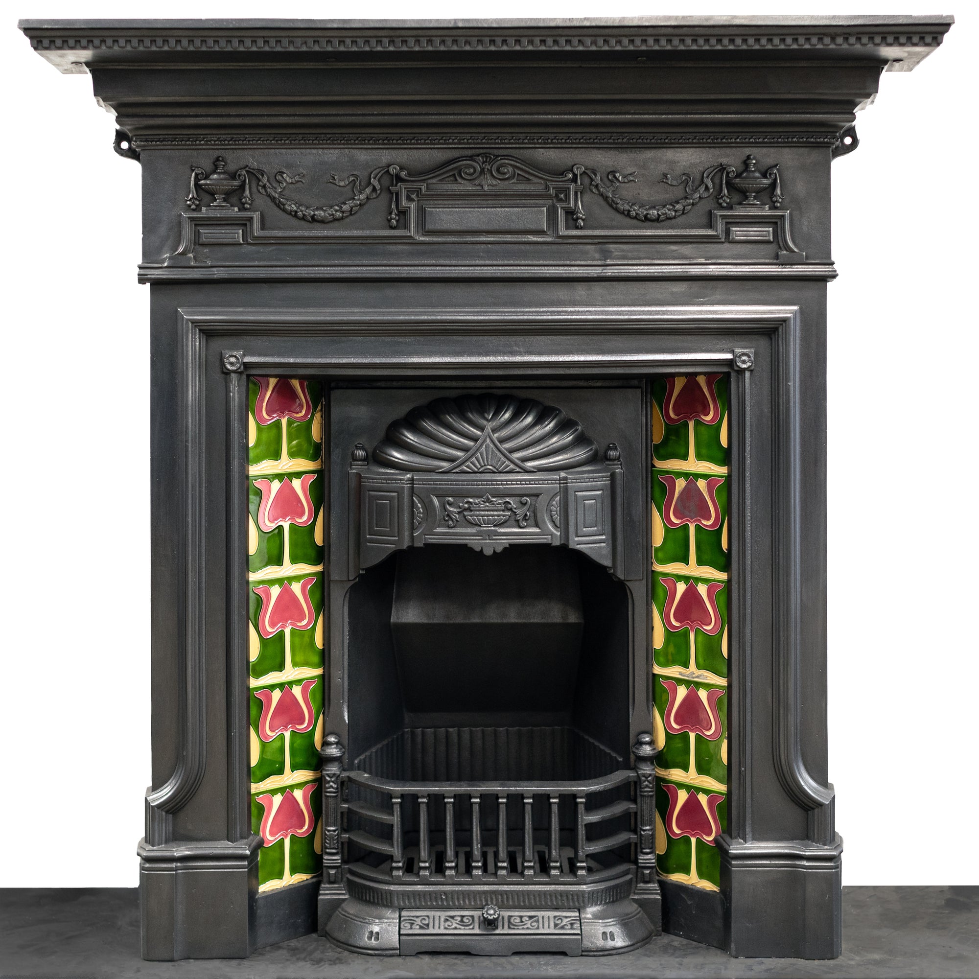 Antique Art Nouveau Combination Fireplace with Green & Red Tiles | The Architectural Forum