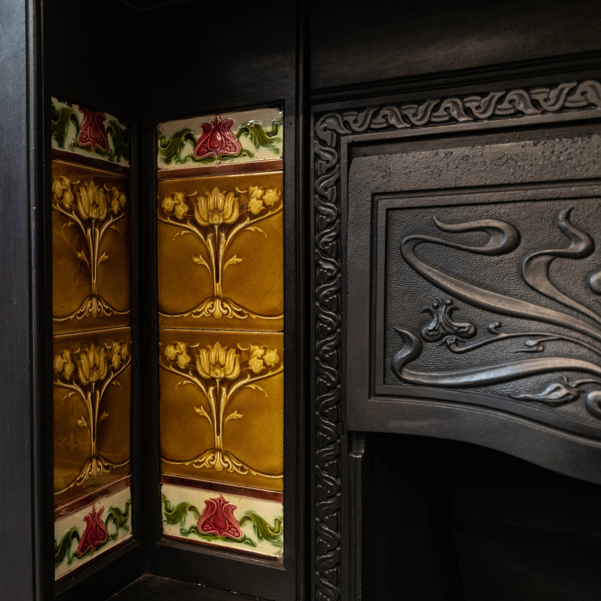 Large Antique Art Nouveau Cast Iron Tiled Fireplace Insert | The Architectural Forum