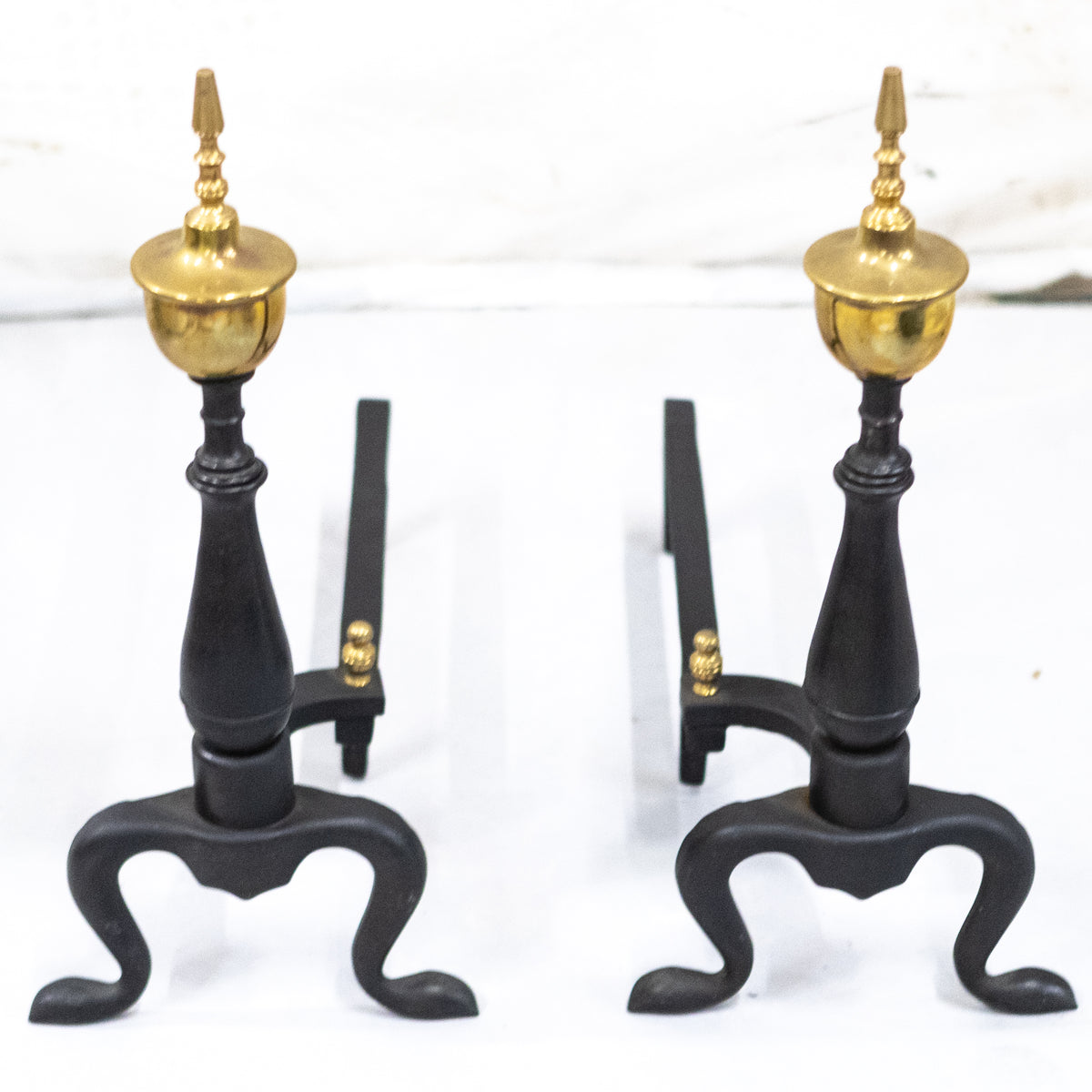 Antique Cast Iron Andirons | Brass Finial Firedogs | The Architectural Forum