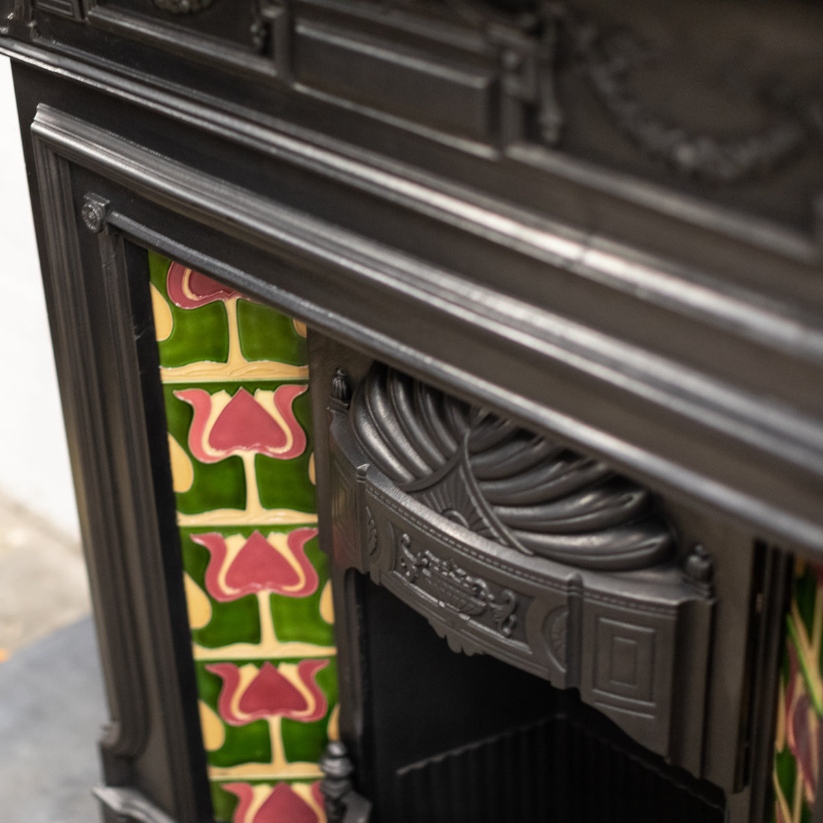 Antique Art Nouveau Combination Fireplace with Green &amp; Red Tiles | The Architectural Forum