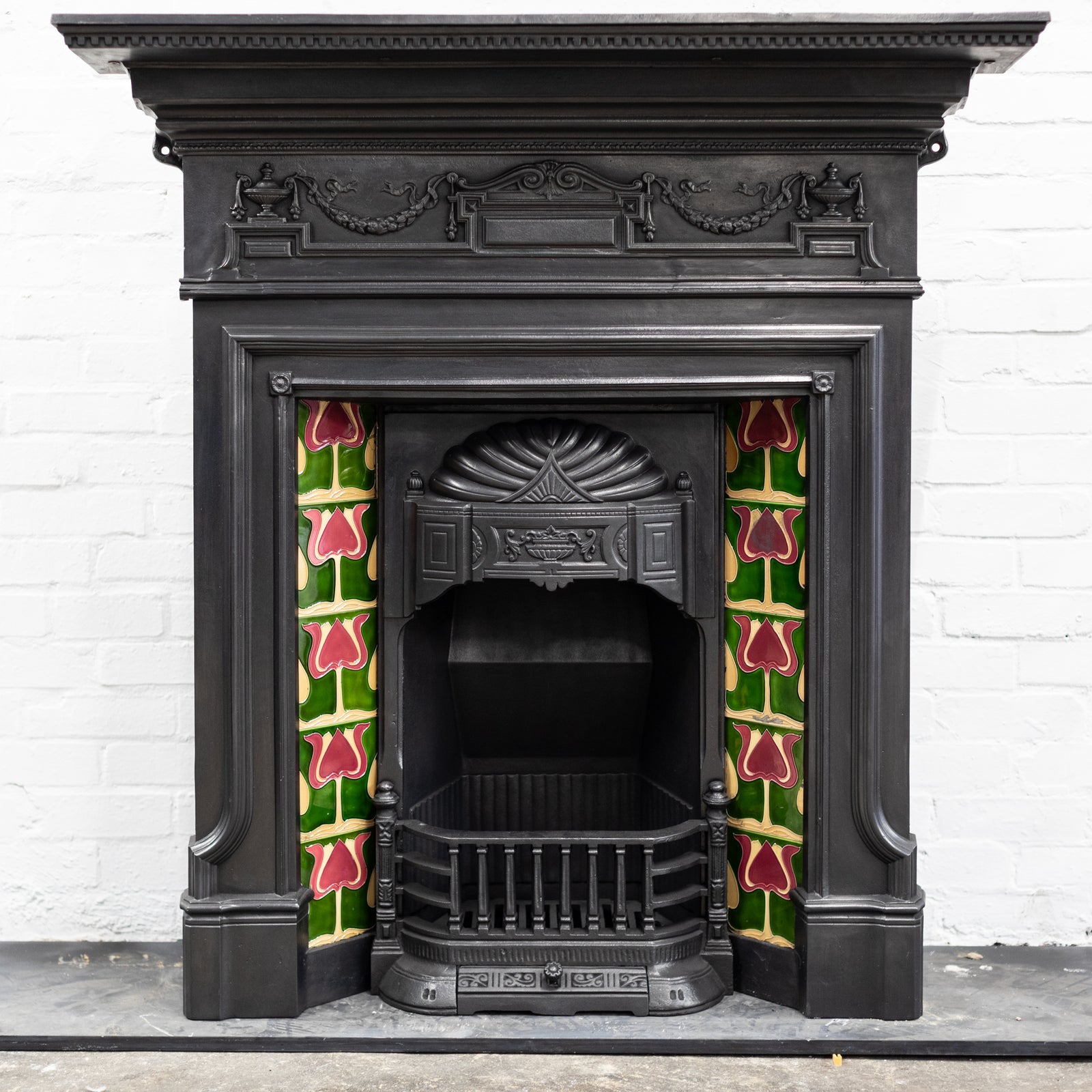 Antique Art Nouveau Combination Fireplace with Green & Red Tiles | The Architectural Forum