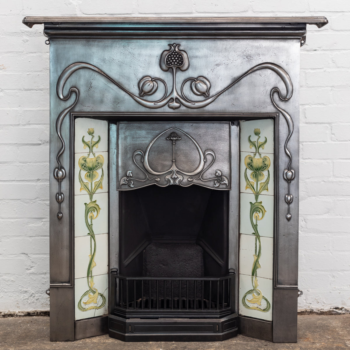 Antique Art Nouveau Polished Cast Iron Tiled Fireplace | The Architectural Forum