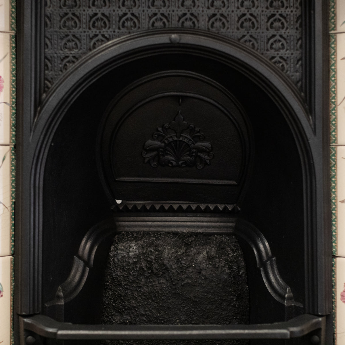 Antique Cast Iron Fireplace Insert With Floral Tiles | The Architectural Forum