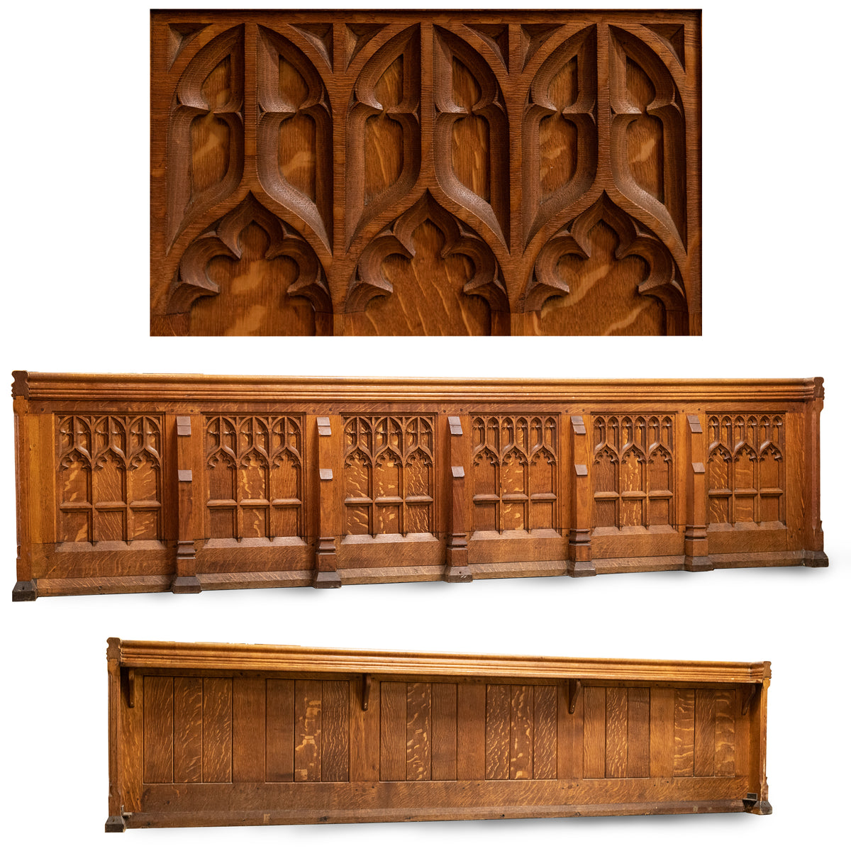 Antique Victorian Gothic Heavily Carved Church Pew Modesty Board | Front Pew | The Architectural Forum
