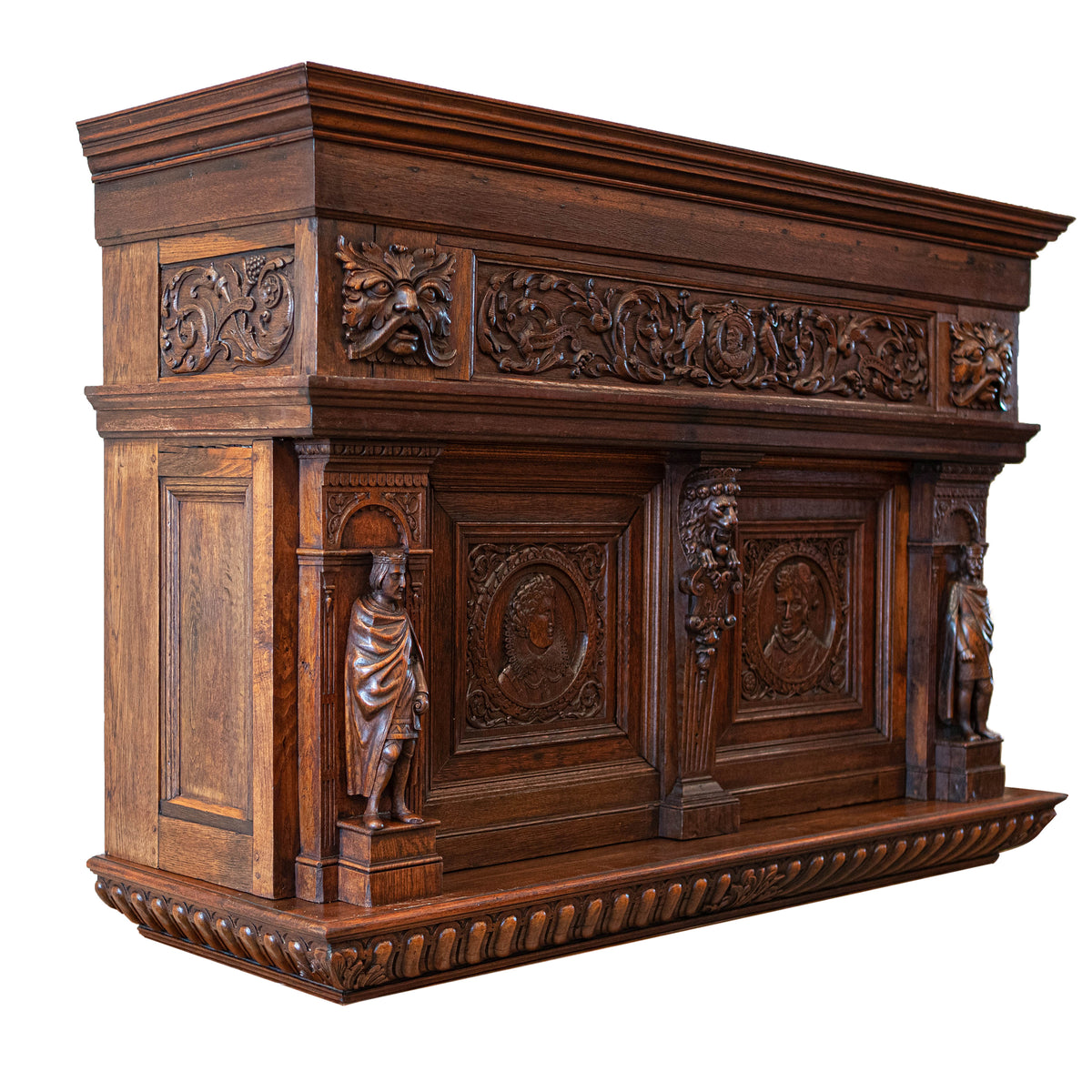 Antique Heavily Carved Oak Jacobean Style Wooden Element | Overmantle | The Architectural Forum