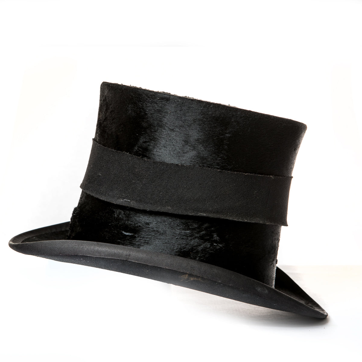 Antique Leather Hat Box with Men's Victorian Black Plush Velvet Top Hat
